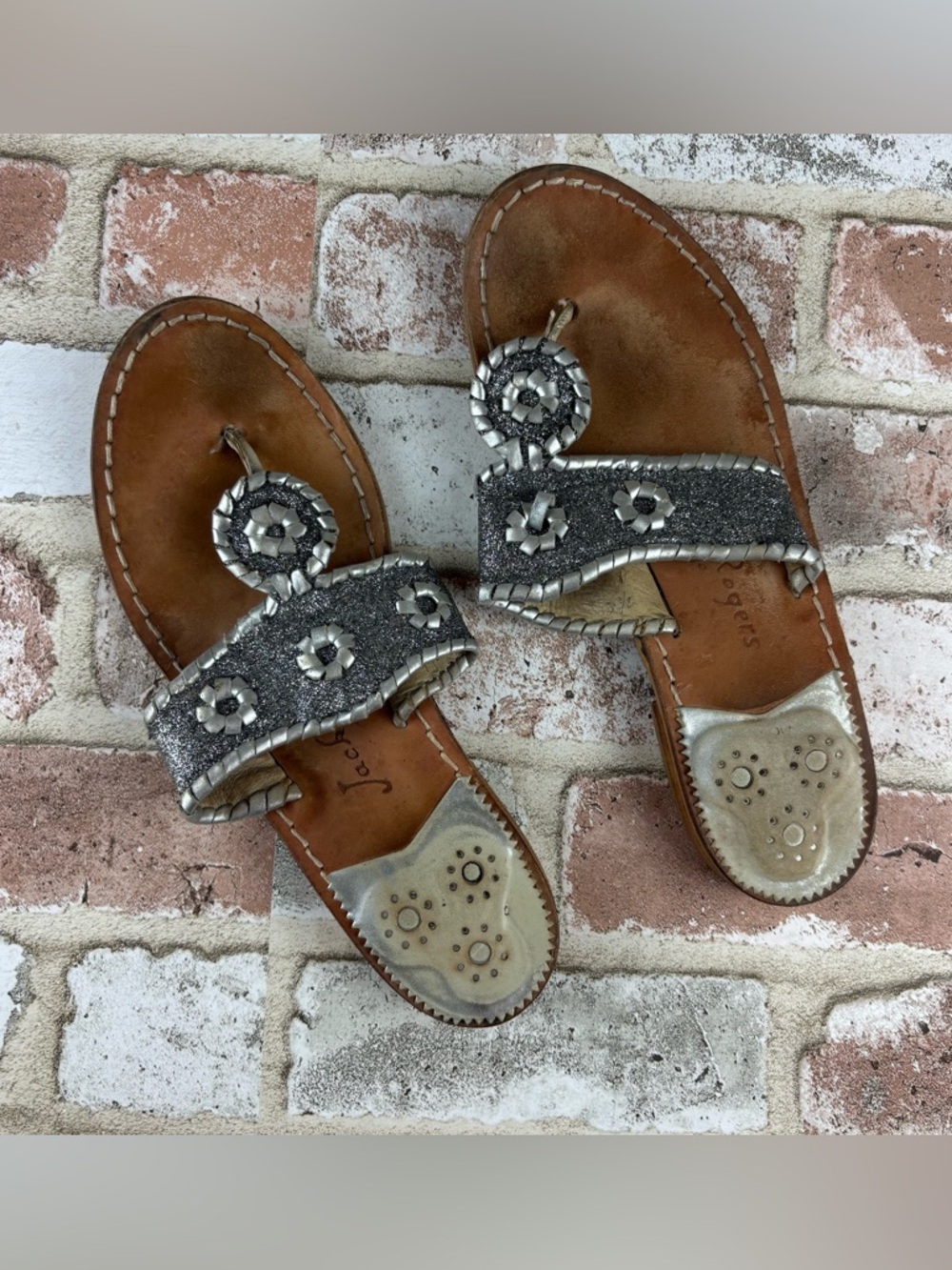 JACK ROGERS Womens Sandals Sz 7.5 Champagne Gold Whipstitched Leather Thong